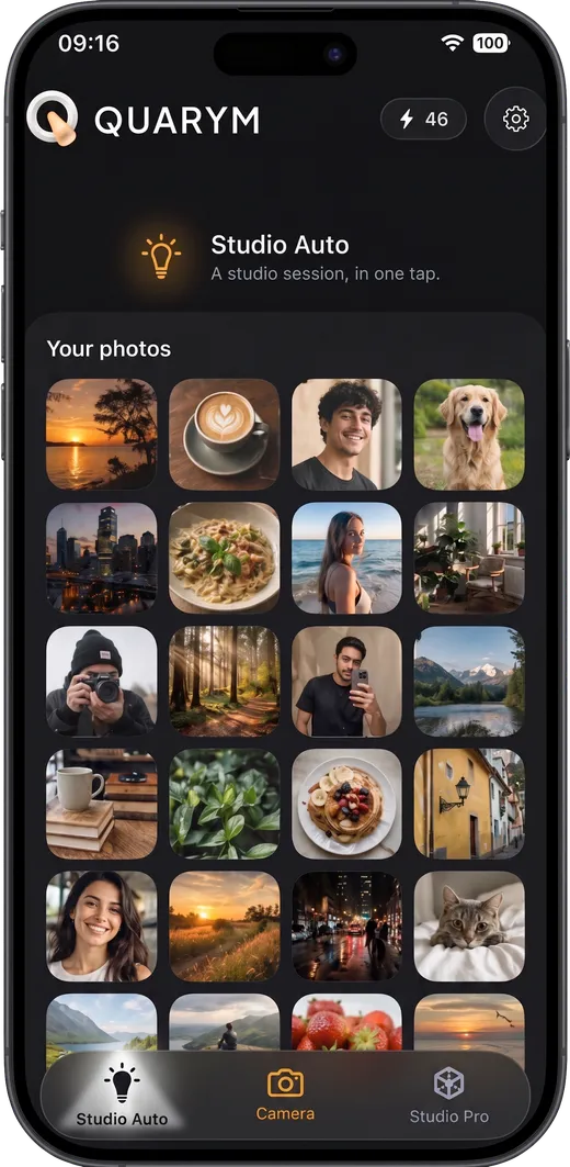 Quarym home screen with the photo gallery picker and the bottom Studio Auto / Camera / Studio Pro tab bar